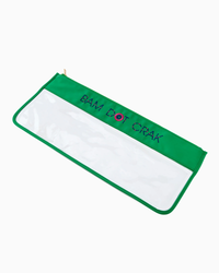 The Oh My Mahjong Mahjong Tile Bag is green and white with "BAM DOT CRAK" embroidered in colorful letters, a gold zipper, and a transparent front—perfect for stylishly organizing your Mahjong set.