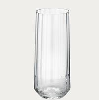 The Bernadotte Glassware Set of 6 by Georg Jensen features smooth, cylindrical, lead-free crystal tumblers with slightly tapered sides, shown empty against a plain light background.