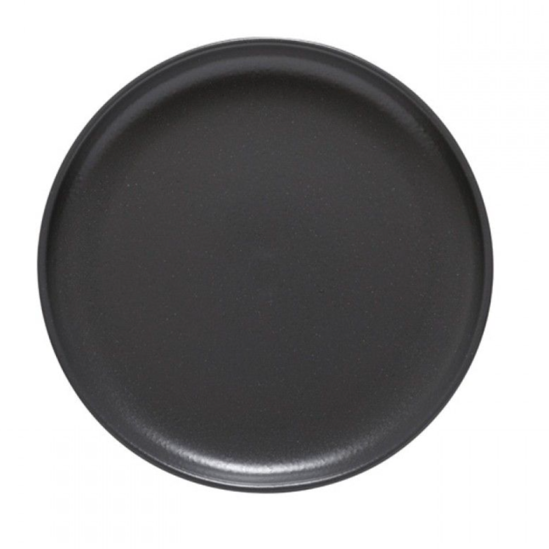 A round, plain Pacifica Dinnerware Grey plate by Casafina, made of stoneware and shown from above on a white background; dishwasher and microwave safe.
