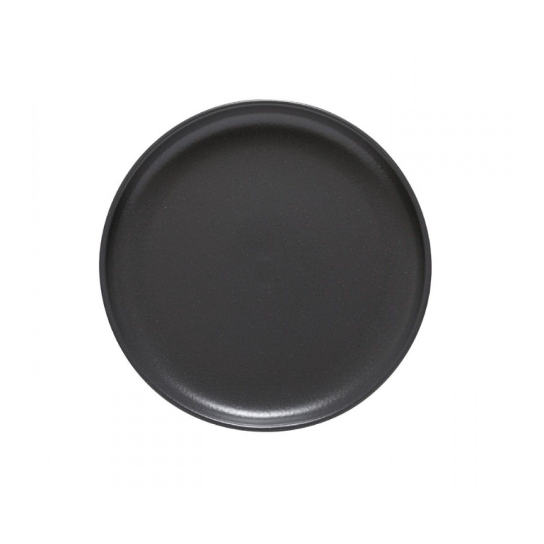 The Casafina Pacifica Dinnerware Grey plate is a round, flat stoneware piece with a smooth grey surface, shown from above on a white background. It is dishwasher safe for easy cleaning.