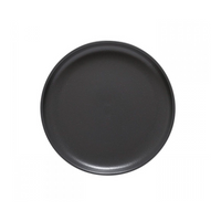 The Casafina Pacifica Dinnerware Grey plate is a round, flat stoneware piece with a smooth grey surface, shown from above on a white background. It is dishwasher safe for easy cleaning.
