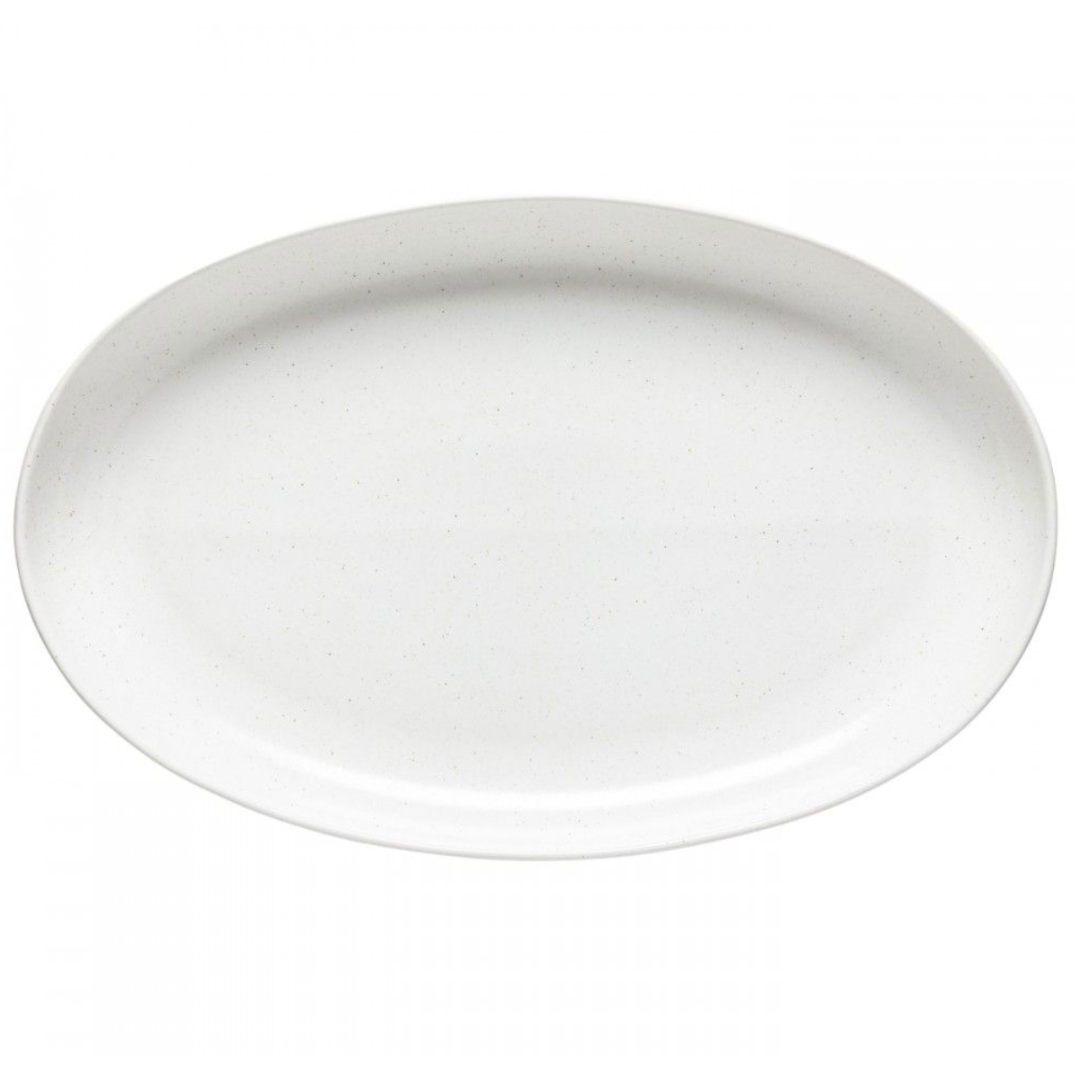 The Casafina/Costa Nova Pacifica Salt Dinnerware plate is oval-shaped stoneware with a smooth matte finish, shown from above on a white background.