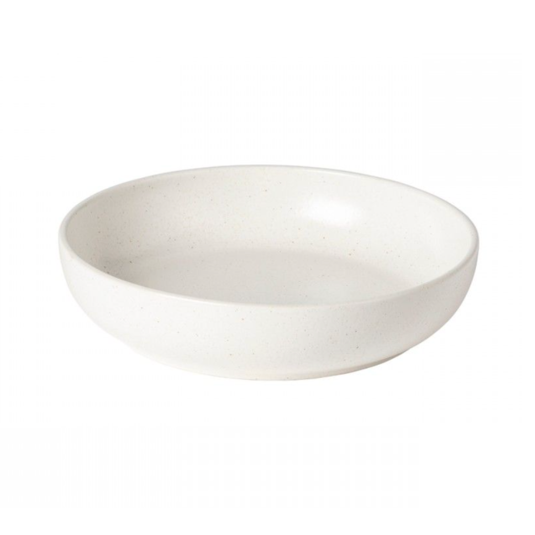 The Casafina/Costa Nova Pacifica Salt Dinnerware bowl is a plain, round, shallow white stoneware piece with slightly curved sides and a subtle matte finish, shown on a white background.