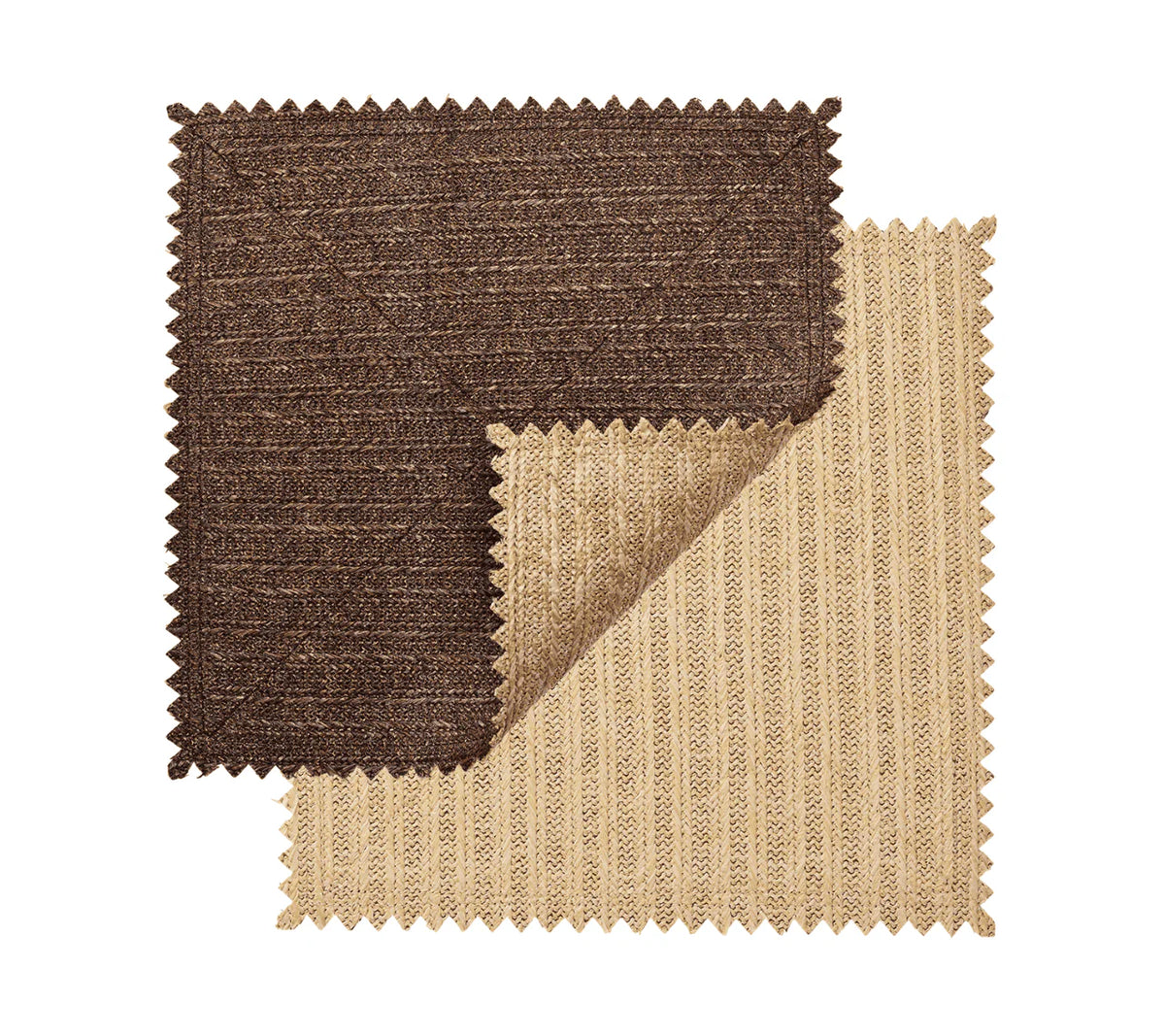 Two Vista Reversible Placemats by Kim Seybert, in natural beige and dark brown faux raffia textures with ribbed patterns and zigzag edges, overlap diagonally on a white background. Set includes 4 placemats.