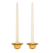 The Aerin Olivia Taper Candleholders Set of 2 features vintage brass bowl-shaped holders with an Art Deco design, each holding a white taper candle, shown side by side on a plain white background.