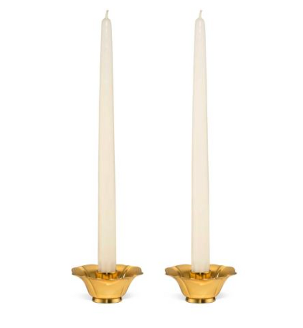 The Aerin Olivia Taper Candleholders Set of 2 features vintage brass bowl-shaped holders with an Art Deco design, each holding a white taper candle, shown side by side on a plain white background.