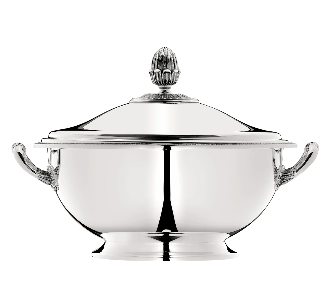 The Christofle Malmaison Silver Plated Soup Tureen features ornate handles and a decorative lid finial, presented against a plain white background.