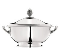 The Christofle Malmaison Silver Plated Soup Tureen features ornate handles and a decorative lid finial, presented against a plain white background.