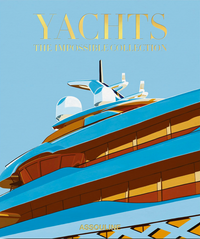 Illustrated cover of the book Yachts - Impossible Collection by Assouline, showing a close-up of a modern luxury yacht in blue, gold, and white tones.