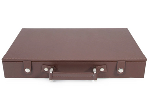 The Brouk & Co Rowan 200 Chip Poker Set comes in a closed, rectangular brown leather briefcase with a handle and silver clasps, perfect for storage, shown on a white background.