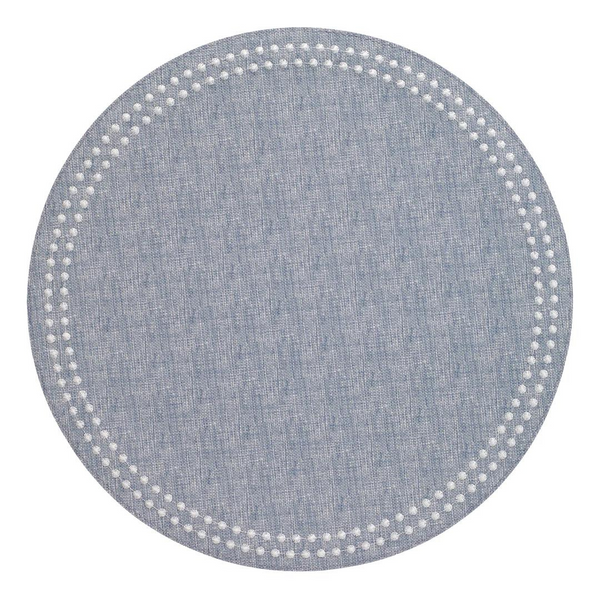 The Bodrum Pearls Round Placemat Set of 4 in light blue features a subtle textured design and a border of small white dots, adding modern charm to any table—perfect for an elegant, embroidered placemat style.