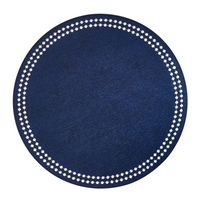 The Bodrum Pearls Round Placemat Set of 4 in dark blue is made from phthalate-free vinyl, featuring a textured surface and a circle of small white dots near the edge.