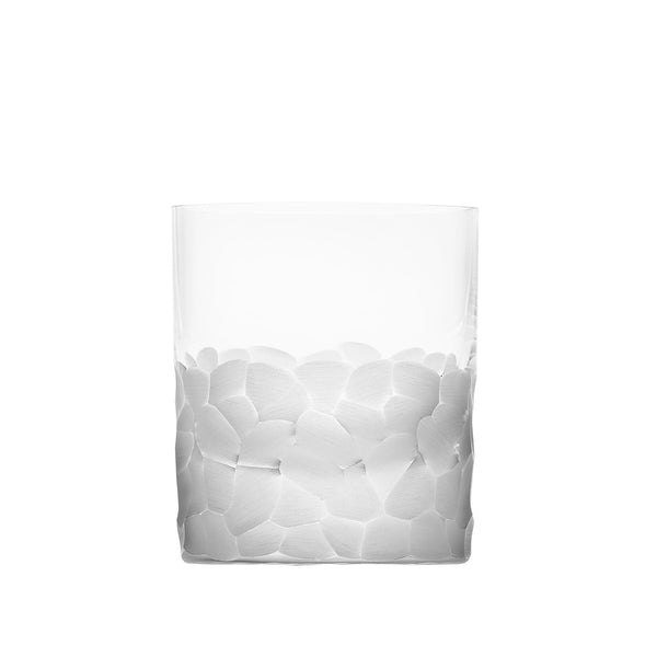The Pebbles DOF 370 ml by Moser is a clear whisky tumbler made from lead-free Czech crystal, featuring a textured frosted pattern of overlapping petals or leaves around the lower half.
