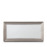 The Perlée Platinum Dinnerware by L'Objet is a rectangular white porcelain serving platter with a platinum rim, silver beaded border, and glossy finish, displayed against a plain white background.