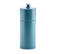 The Addison Ross Mini Pillar Salt & Pepper Shaker in blue features a rounded top, small metallic knob, and ceramic grinding mechanism, shown against a white background.