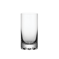 The Erik Barware Set of 4 by Orrefors Kosta Boda features clear highball glasses with thick, solid bases that exemplify minimalist Scandinavian design, shown standing upright against a plain white background.
