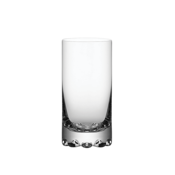 The Erik Barware Set of 4 by Orrefors Kosta Boda features clear highball glasses with thick, solid bases that exemplify minimalist Scandinavian design, shown standing upright against a plain white background.