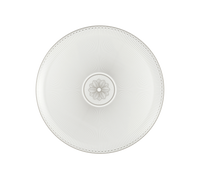 A round white plate with fine radial lines and a decorative flower-like pattern in the center, viewed from above on a plain white background, exemplifies the refined elegance of Christofle’s Malmaison Imperiale Porcelain Dinnerware Platinum collection.