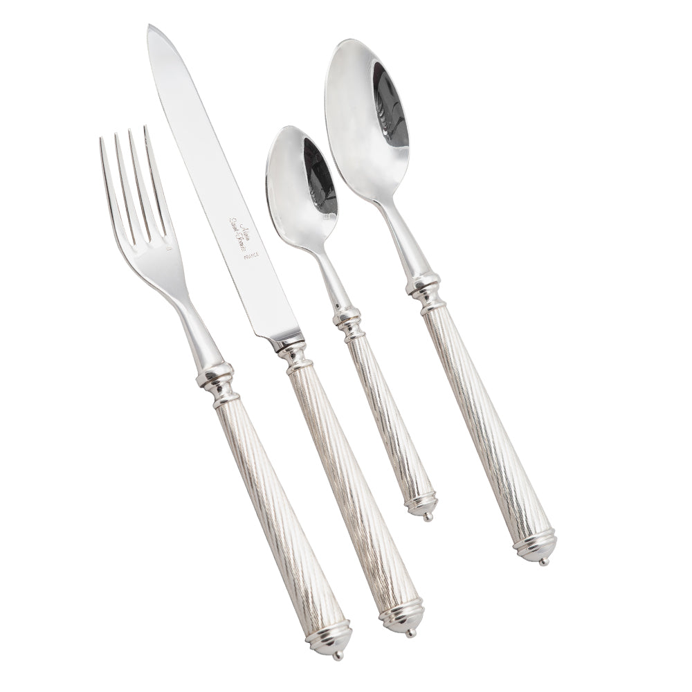 The Alain Saint-Joanis Cable Flatware 5 Piece Setting in silver plate features ornate, textured handles and includes a fork, knife, tablespoon, teaspoon, and salad fork. Handcrafted in France for timeless elegance at any table.