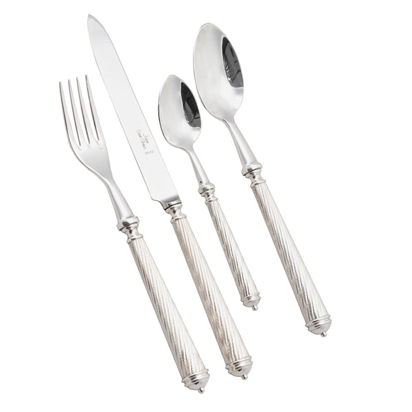 The Alain Saint-Joanis Cable Flatware 5 Piece Setting in silver plate features ornate, textured handles and includes a fork, knife, tablespoon, teaspoon, and salad fork. Handcrafted in France for timeless elegance at any table.