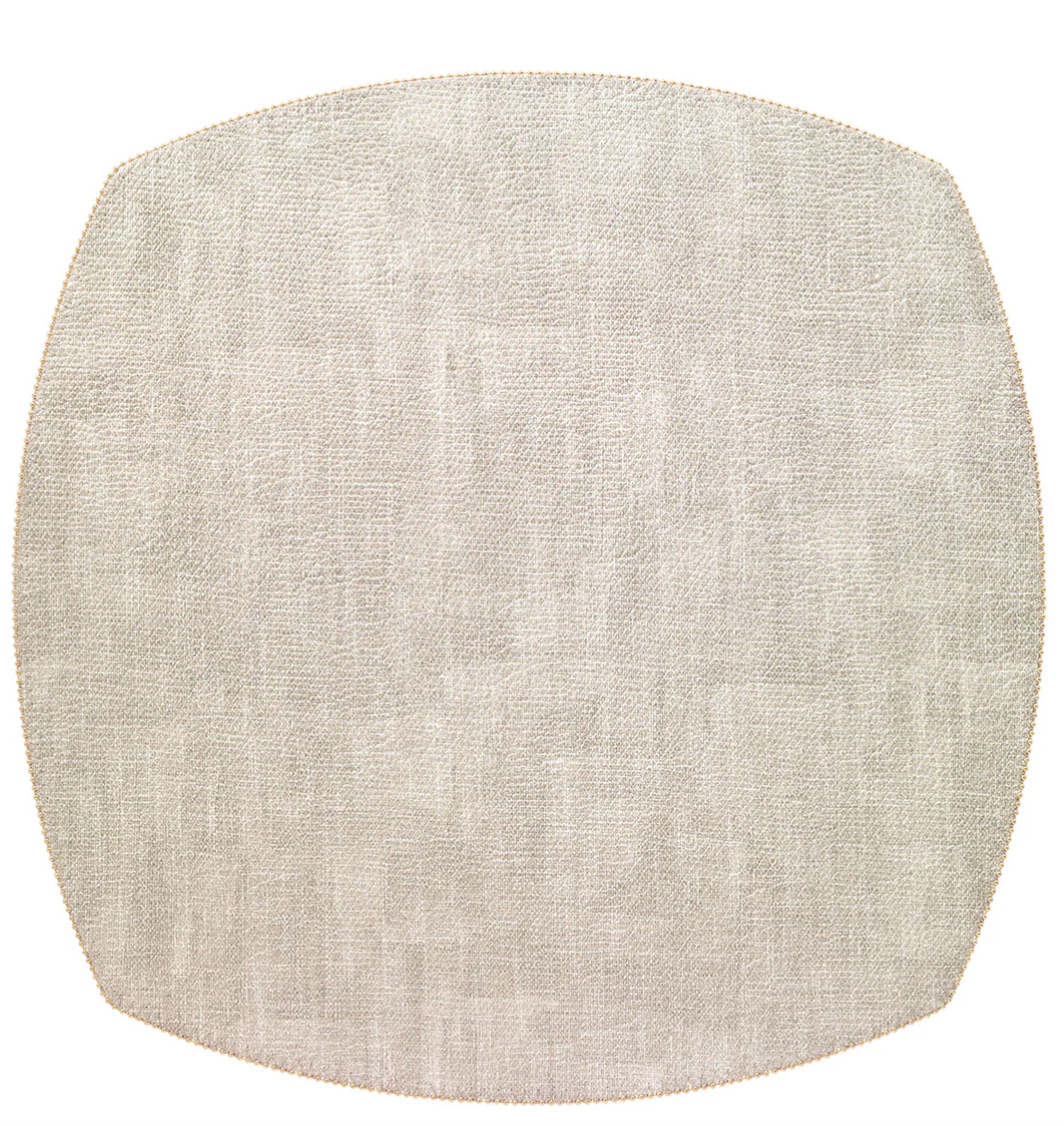 The Allure Elliptic Square Placemat Set of 4 by Bodrum features light beige, subtly textured placemats with beaded edges, rounded corners, and an elegant, slightly irregular rectangular shape, shown from above on a white background.