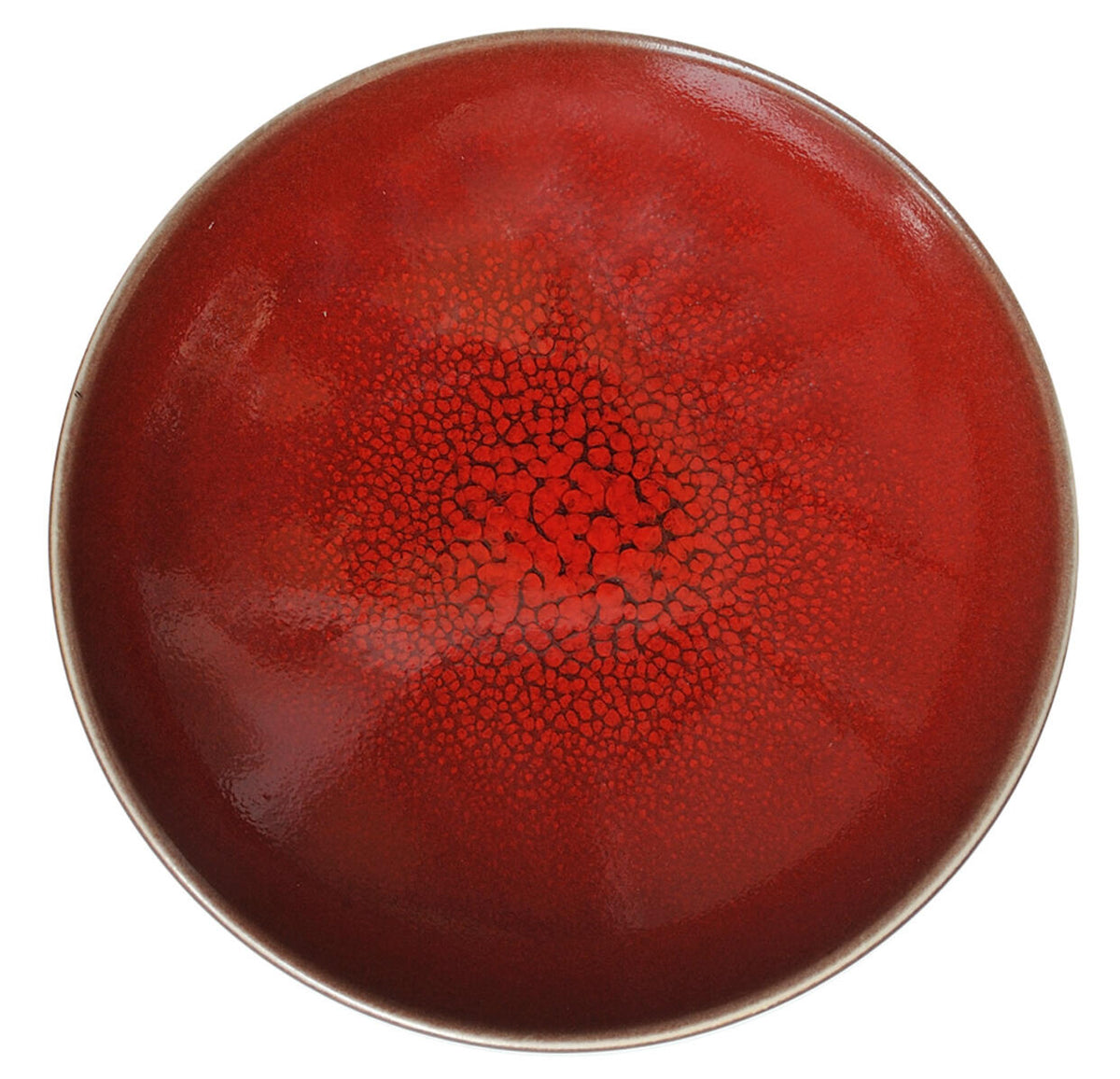 The Tourron Dinnerware Cerise by Jars - Rosenthal is a round ceramic plate with red crackled glaze, a subtle gradient to a matte brownish rim, and is dishwasher safe for easy care.