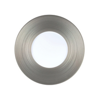A brushed nickel recessed light fixture with a circular design, perfect for illuminating refined table settings featuring JL Coquet's Hemisphere Dinnerware Platinum.