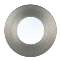 The JL Coquet Hemisphere Dinnerware Platinum inspired wall mirror features a wide metallic silver frame with concentric grooves around a clear central glass, set against a plain white background.