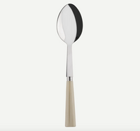 The Sabre Nature Serving Spoon features a stainless steel, reflective oval bowl and a light beige handle—ideal for serving sides—shown on a white background.