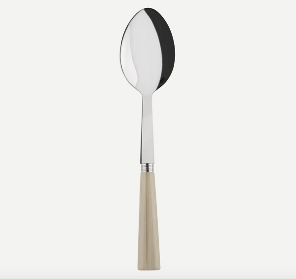 The Sabre Nature Serving Spoon features a stainless steel, reflective oval bowl and a light beige handle—ideal for serving sides—shown on a white background.