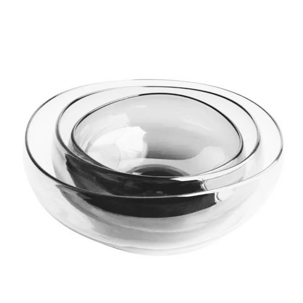 The Gary Bodker Nesting Bowl Collection Clear features three clear bowls of different sizes, elegantly nested to create a stylish stacking bowl set.