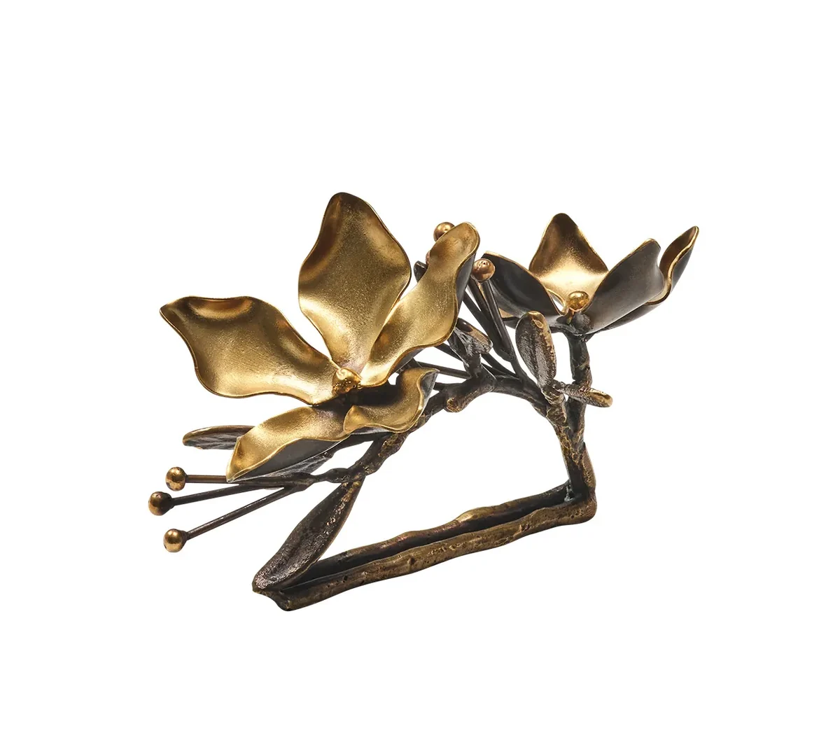 The Magnolia Napkin Ring Set of 4 - Gold & Black by Kim Seybert features abstract golden floral designs with cast brass stems and leaves, elegantly mounted on a rectangular bronze base.