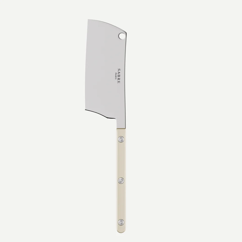 The Sabre Bistrot Pearly Cheese Cleaver - Pearl features a polished stainless steel blade and a cream-colored handle accented with three silver rivets. This elegant piece, shown on a white background, makes a stylish addition to any customizable tableware collection and is the perfect companion to your favorite cheese knife.