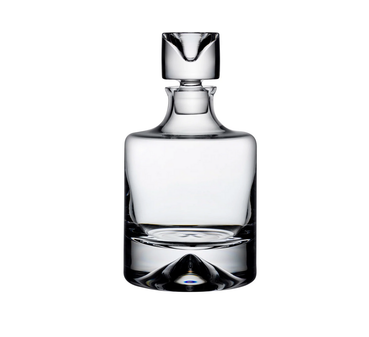 The No.9 Whiskey Decanter by Nude Glassware features a modern, rounded design with a thick base and matching glass stopper. Photographed empty against a white background, this clear glass decanter offers sleek style and contemporary elegance.