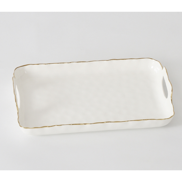 The PAMPA BAY Portofino Handle Rectangle Tray is a white porcelain serving tray with wavy edges, handles, a gold-rimmed border, and a subtle textured surface for an elegant and functional presentation.