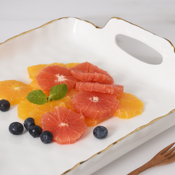 Slices of grapefruit and orange with fresh mint leaves and blueberries are arranged on the PAMPA BAY Portofino Handle Rectangle Tray, shown alongside a small wooden fork.