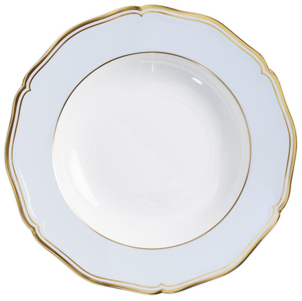 A Raynaud Mazurka Gold & Blue Grey Dinnerware white porcelain plate, featuring scalloped edges and gold trim on the rim and inner border, is empty and viewed from above against a white background.
