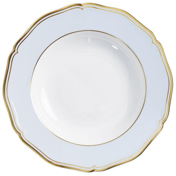 A Raynaud Mazurka Gold & Blue Grey Dinnerware white porcelain plate, featuring scalloped edges and gold trim on the rim and inner border, is empty and viewed from above against a white background.
