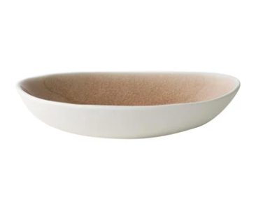 A beige and white oval ceramic serving bowl from the Maguelone Dinnerware Tamaris collection by Jars - Rosenthal, featuring elegant crackled glazes, displayed on a white background.