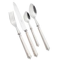 The Alain Saint-Joanis Cable Flatware 5 Piece Setting in silver plate, featuring matching ornate handles, is beautifully handcrafted in France and displayed diagonally on a white background.