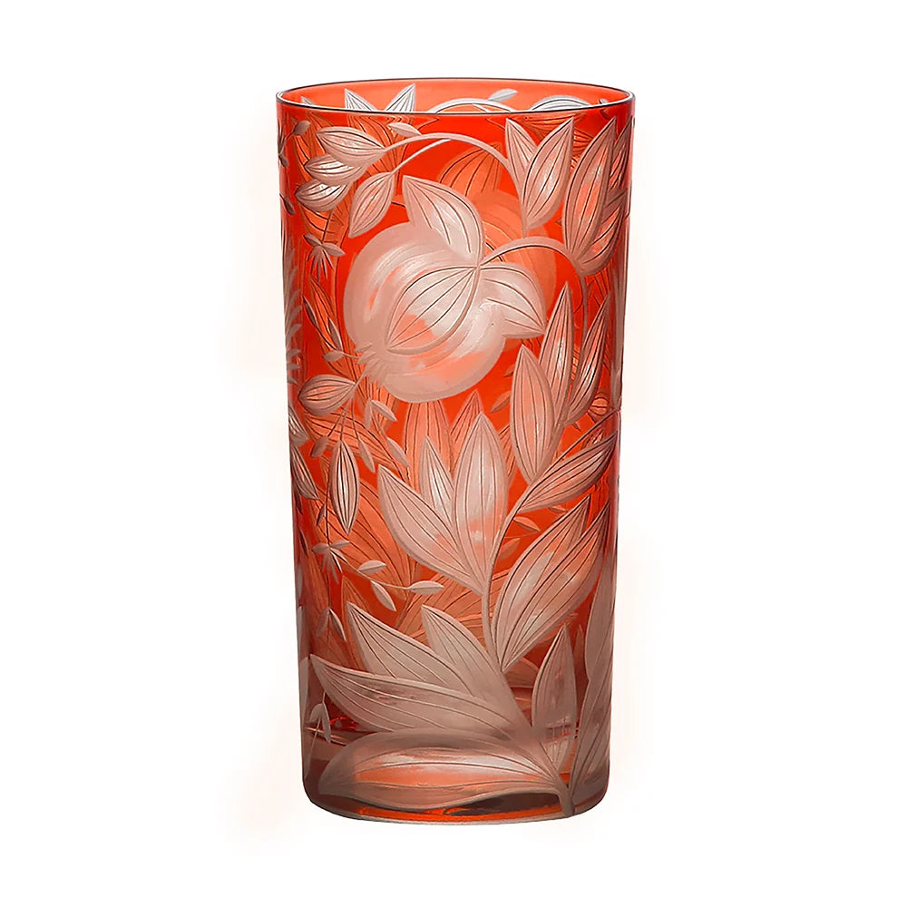 Artel Verdure Highball Jewel Colors highball glass featuring an intricate etched design of leaves and fruit on luxury crystal.