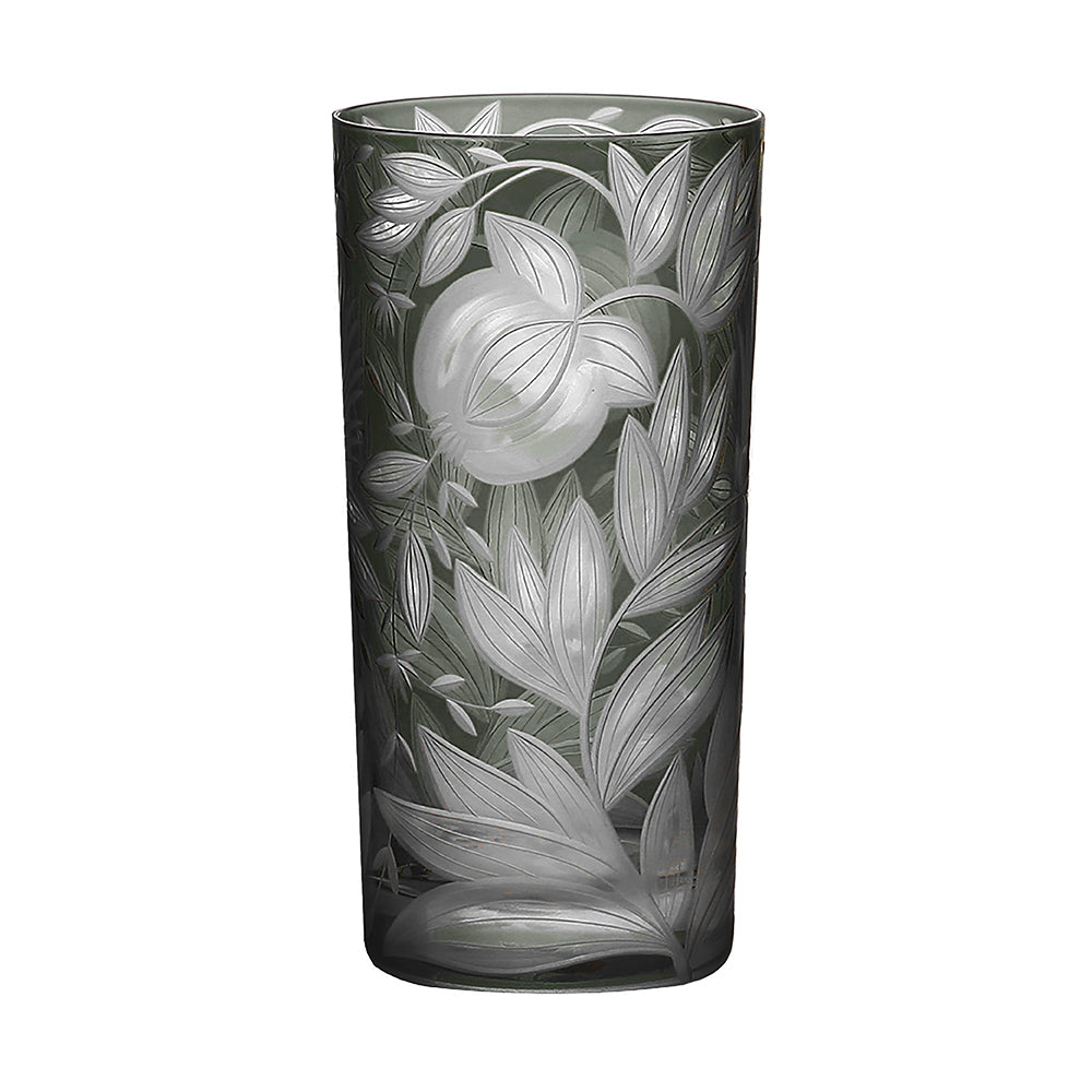 Tall grey Artel Verdure Highball Jewel Colors crystal glass tumbler etched with a pattern of leaves and fruit.