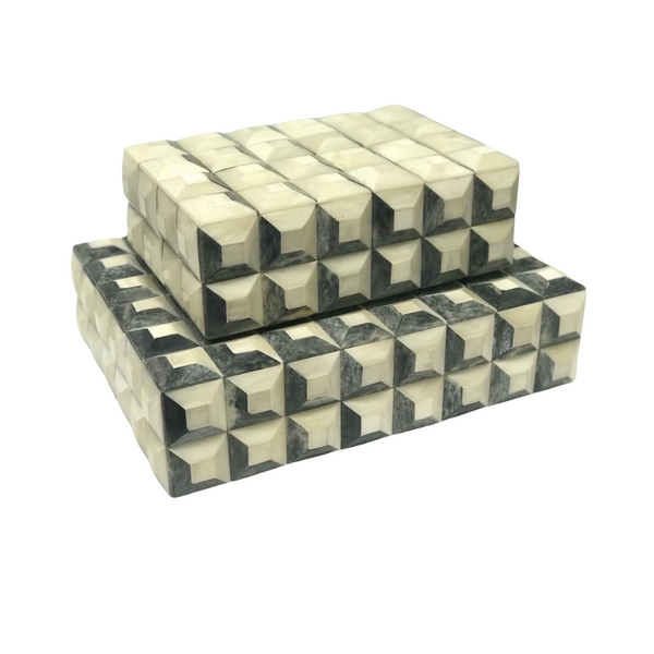 Two Bojay Checkmate Box Grey Small organizers, stacked, display a bold black and white 3D cube pattern with a glossy finish—ideal for compact storage and adding an optical illusion effect to your decor.