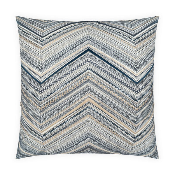 The Marquise Pillow Indigo by D.V. KAP / Canaan Company features elegant indigo and beige chevrons with textured stitching on a crisp white background, inspired by luxury Italian design.