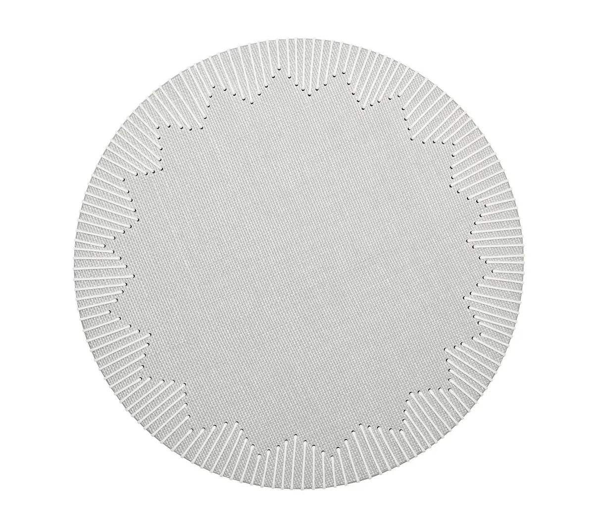 The Kim Seybert Dream Weaver Placemat Set of 4 features round, gray placemats with scalloped edges and white decorative stitching.
