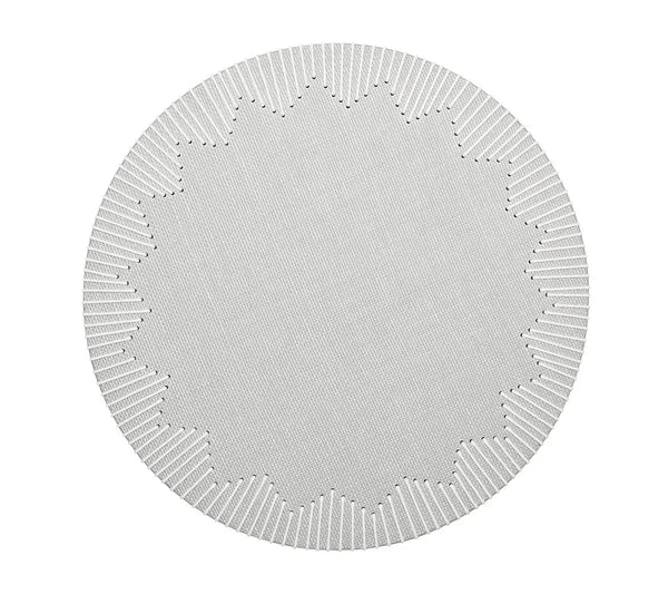 The Kim Seybert Dream Weaver Placemat Set of 4 features round, gray placemats with scalloped edges and white decorative stitching.