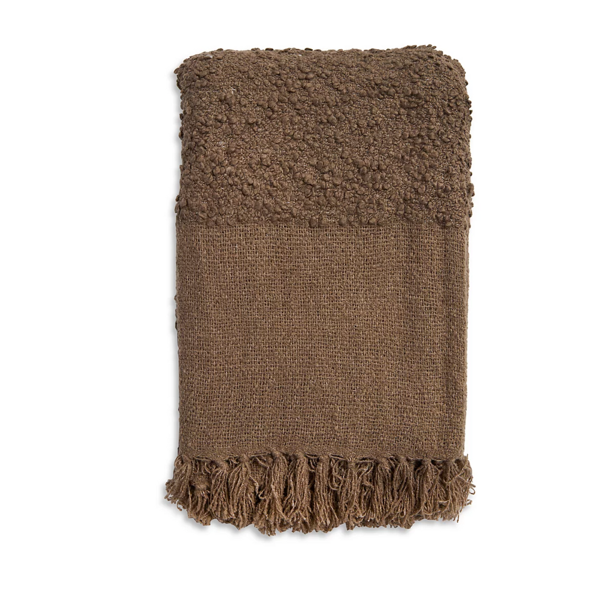 The Murphy Throw - Walnut by Pom Pom At Home features a folded brown texture with a raised bumpy pattern on top, smooth weave below, and long fringe tassels along the bottom edge.
