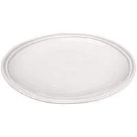 The Relish Double Line Melamine Dinnerware White dinner plate is large, round, and plain with a slightly raised rim—BPA-free and ideal for outdoor entertaining.