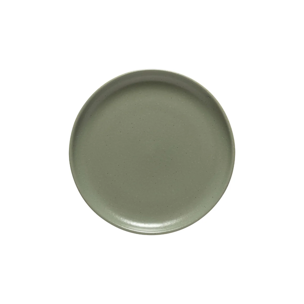 A round, plain, matte gray ceramic plate from Costa Nova’s Pacifica Dinnerware Artichoke collection is centered on a white background.