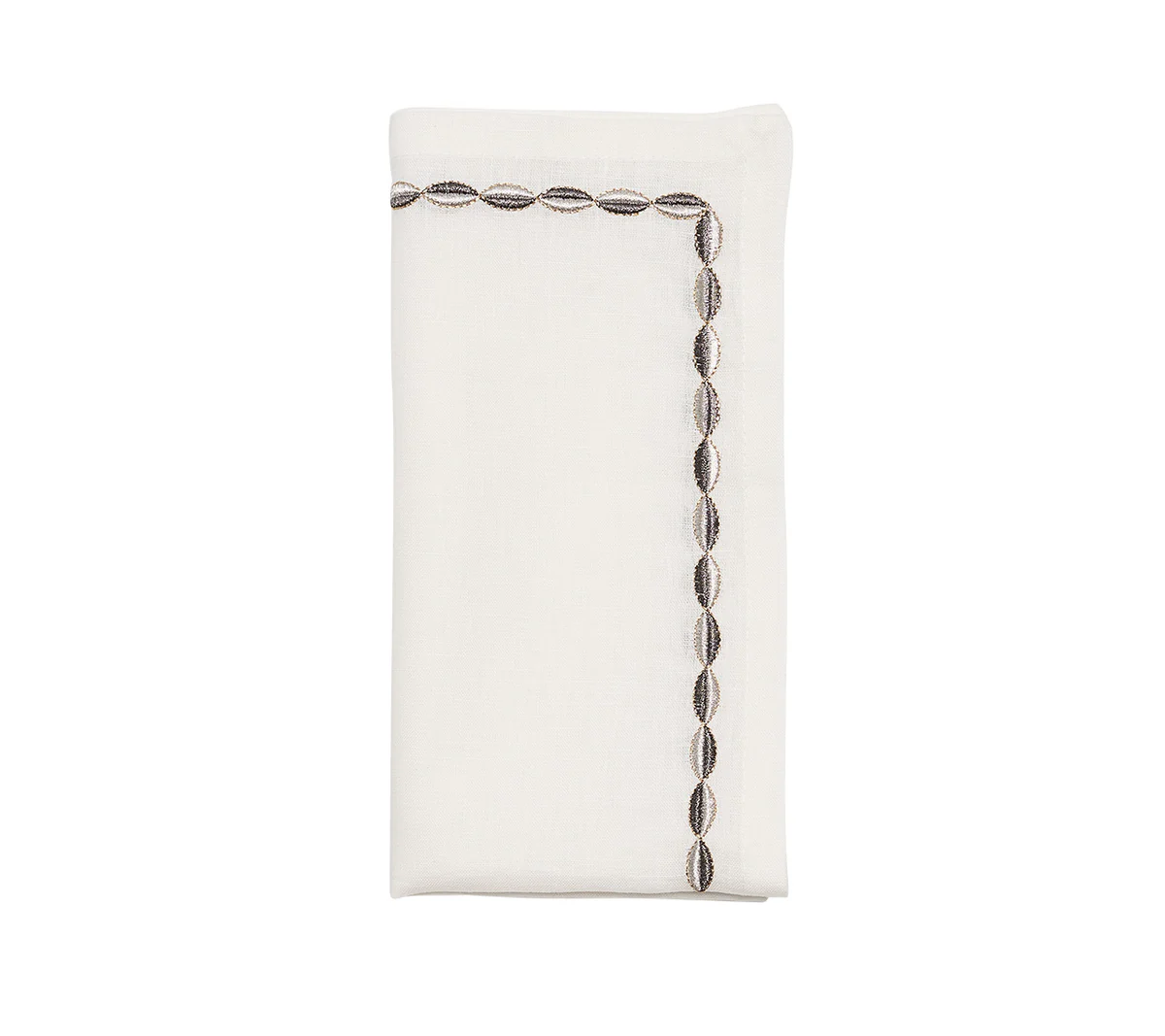 The Swag Napkin Gunmetal & Silver Set of 4 by Kim Seybert features folded white linen napkins accented with embroidered gunmetal and silver ovals along two adjacent edges, creating a stylish L-shape—perfect for elegant holiday gatherings.